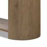 Featuring Farrow Drifted Oak Veneer Console Table by Four Hands at Amethyst Home. A simple pill-shaped console table, refreshed with intriguing design details. Made from warm, light-finished oak, open lower shelving creates endless storage and styling options for your living or media room. Three drawers bring even more storage, while bullnose and relief detail. Amethyst Home provides interior design, new home construction design consulting, vintage area rugs, and lighting in the Austin metro area.