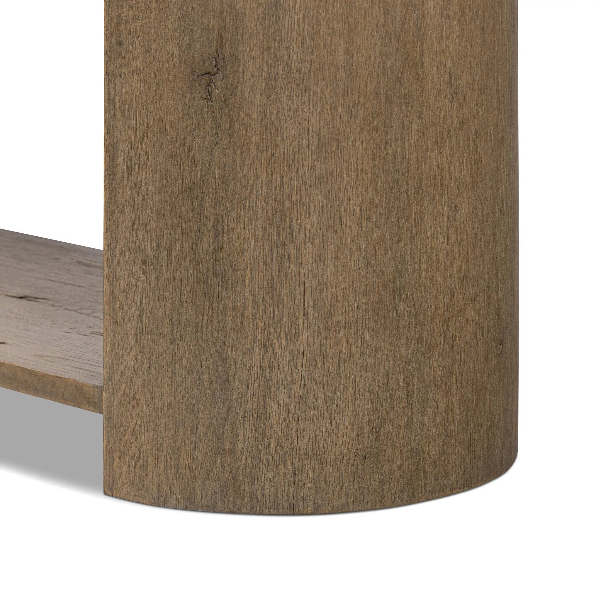 Featuring Farrow Drifted Oak Veneer Console Table by Four Hands at Amethyst Home. A simple pill-shaped console table, refreshed with intriguing design details. Made from warm, light-finished oak, open lower shelving creates endless storage and styling options for your living or media room. Three drawers bring even more storage, while bullnose and relief detail. Amethyst Home provides interior design, new home construction design consulting, vintage area rugs, and lighting in the Austin metro area.
