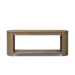 Featuring Farrow Drifted Oak Veneer Console Table by Four Hands at Amethyst Home. A simple pill-shaped console table, refreshed with intriguing design details. Made from warm, light-finished oak, open lower shelving creates endless storage and styling options for your living or media room. Three drawers bring even more storage, while bullnose and relief detail. Amethyst Home provides interior design, new home construction design consulting, vintage area rugs, and lighting in the Dallas metro area.