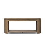 Featuring Farrow Drifted Oak Veneer Console Table by Four Hands at Amethyst Home. A simple pill-shaped console table, refreshed with intriguing design details. Made from warm, light-finished oak, open lower shelving creates endless storage and styling options for your living or media room. Three drawers bring even more storage, while bullnose and relief detail. Amethyst Home provides interior design, new home construction design consulting, vintage area rugs, and lighting in the Dallas metro area.