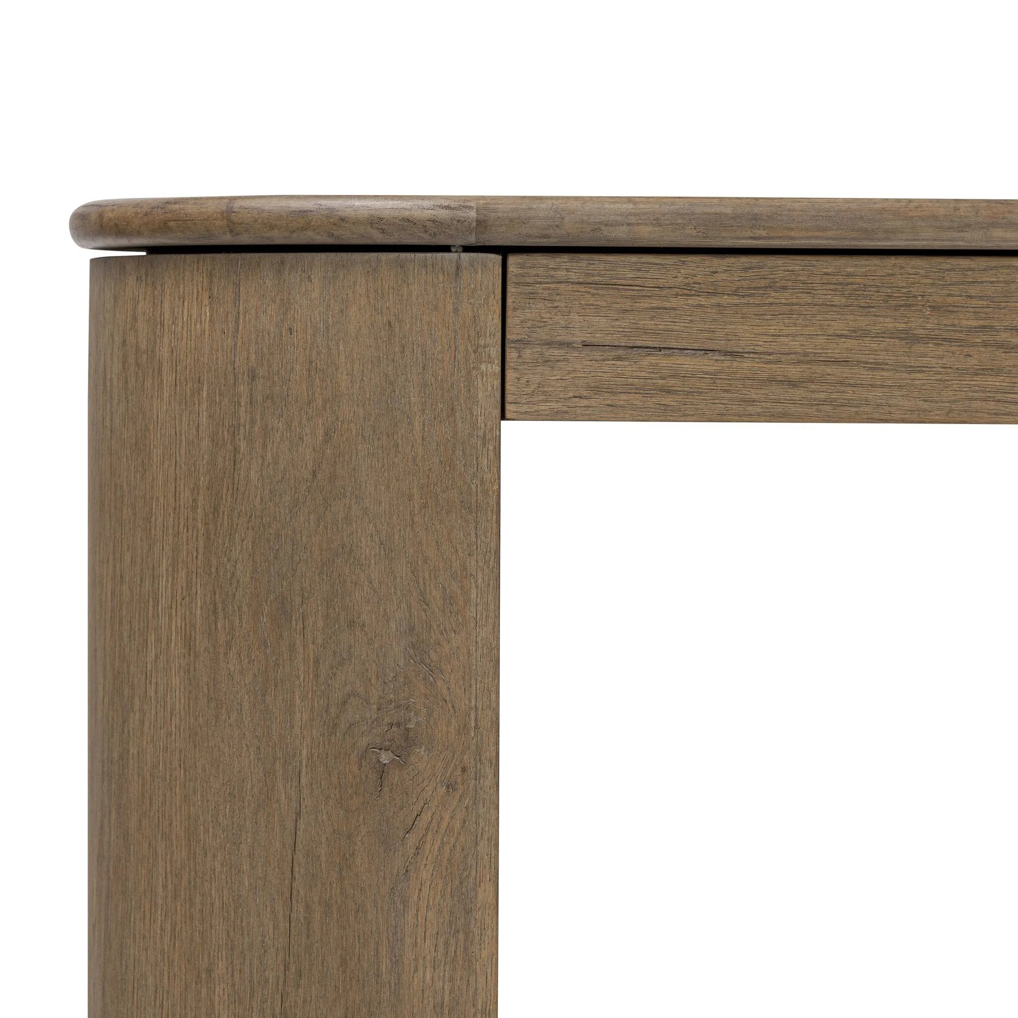Featuring Farrow Drifted Oak Veneer Console Table by Four Hands at Amethyst Home. A simple pill-shaped console table, refreshed with intriguing design details. Made from warm, light-finished oak, open lower shelving creates endless storage and styling options for your living or media room. Three drawers bring even more storage, while bullnose and relief de. Amethyst Home provides interior design, new home construction design consulting, vintage area rugs, and lighting in the Des Moines metro area.