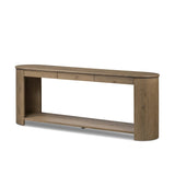 Featuring Farrow Drifted Oak Veneer Console Table by Four Hands at Amethyst Home. A simple pill-shaped console table, refreshed with intriguing design details. Made from warm, light-finished oak, open lower shelving creates endless storage and styling options for your living or media room. Three drawers bring even more storage, while bullnose and relief detaili. Amethyst Home provides interior design, new home construction design consulting, vintage area rugs, and lighting in the Omaha metro area.