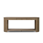 Featuring Farrow Drifted Oak Veneer Console Table by Four Hands at Amethyst Home. A simple pill-shaped console table, refreshed with intriguing design details. Made from warm, light-finished oak, open lower shelving creates endless storage and styling options for your living or media room. Three drawers bring even more storage, while bullnose and relief det. Amethyst Home provides interior design, new home construction design consulting, vintage area rugs, and lighting in the Park City metro area.