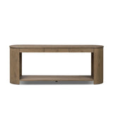 Featuring Farrow Drifted Oak Veneer Console Table by Four Hands at Amethyst Home. A simple pill-shaped console table, refreshed with intriguing design details. Made from warm, light-finished oak, open lower shelving creates endless storage and styling options for your living or media room. Three drawers bring even more storage, while bullnose and relief det. Amethyst Home provides interior design, new home construction design consulting, vintage area rugs, and lighting in the Park City metro area.