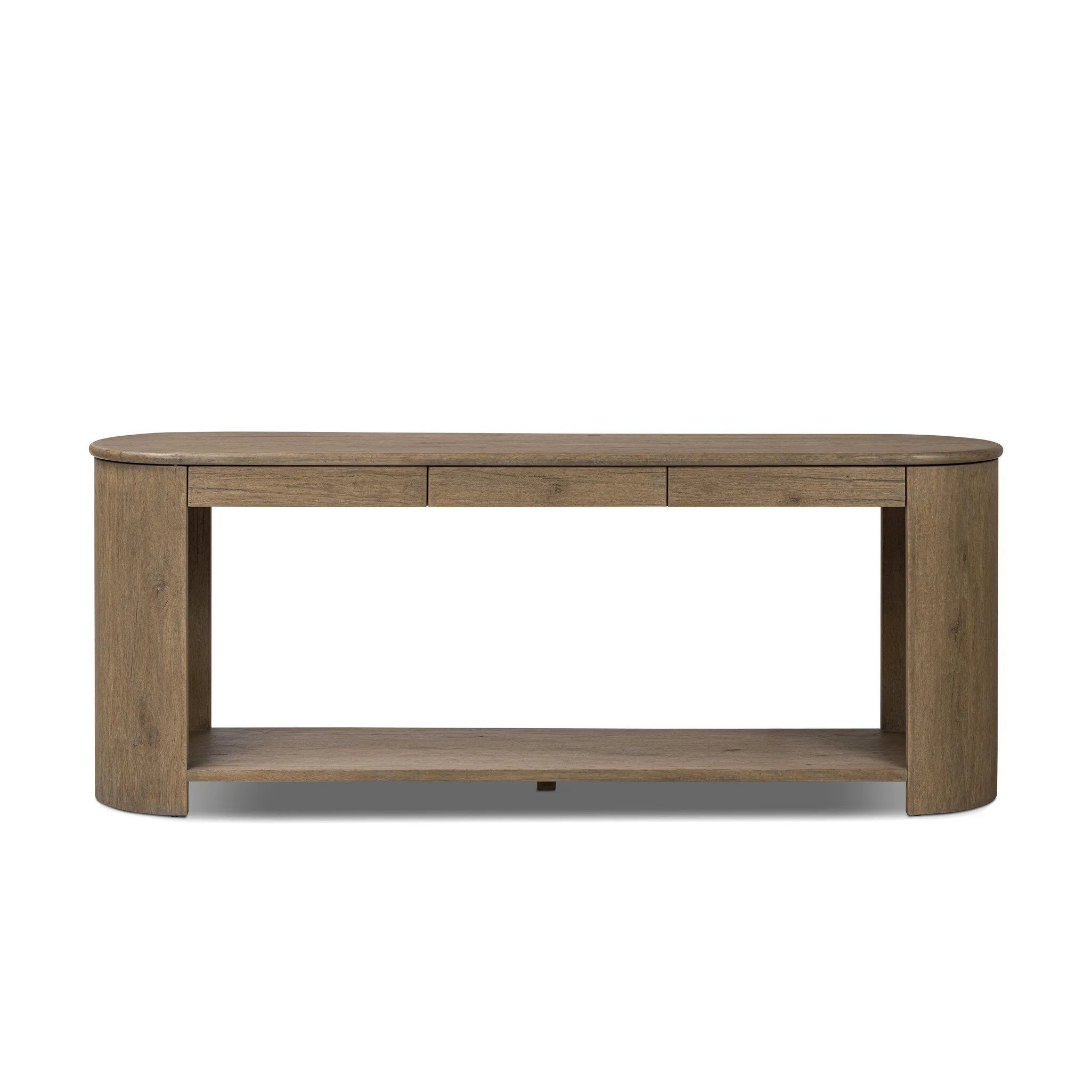 Featuring Farrow Drifted Oak Veneer Console Table by Four Hands at Amethyst Home. A simple pill-shaped console table, refreshed with intriguing design details. Made from warm, light-finished oak, open lower shelving creates endless storage and styling options for your living or media room. Three drawers bring even more storage, while bullnose and relief det. Amethyst Home provides interior design, new home construction design consulting, vintage area rugs, and lighting in the Park City metro area.