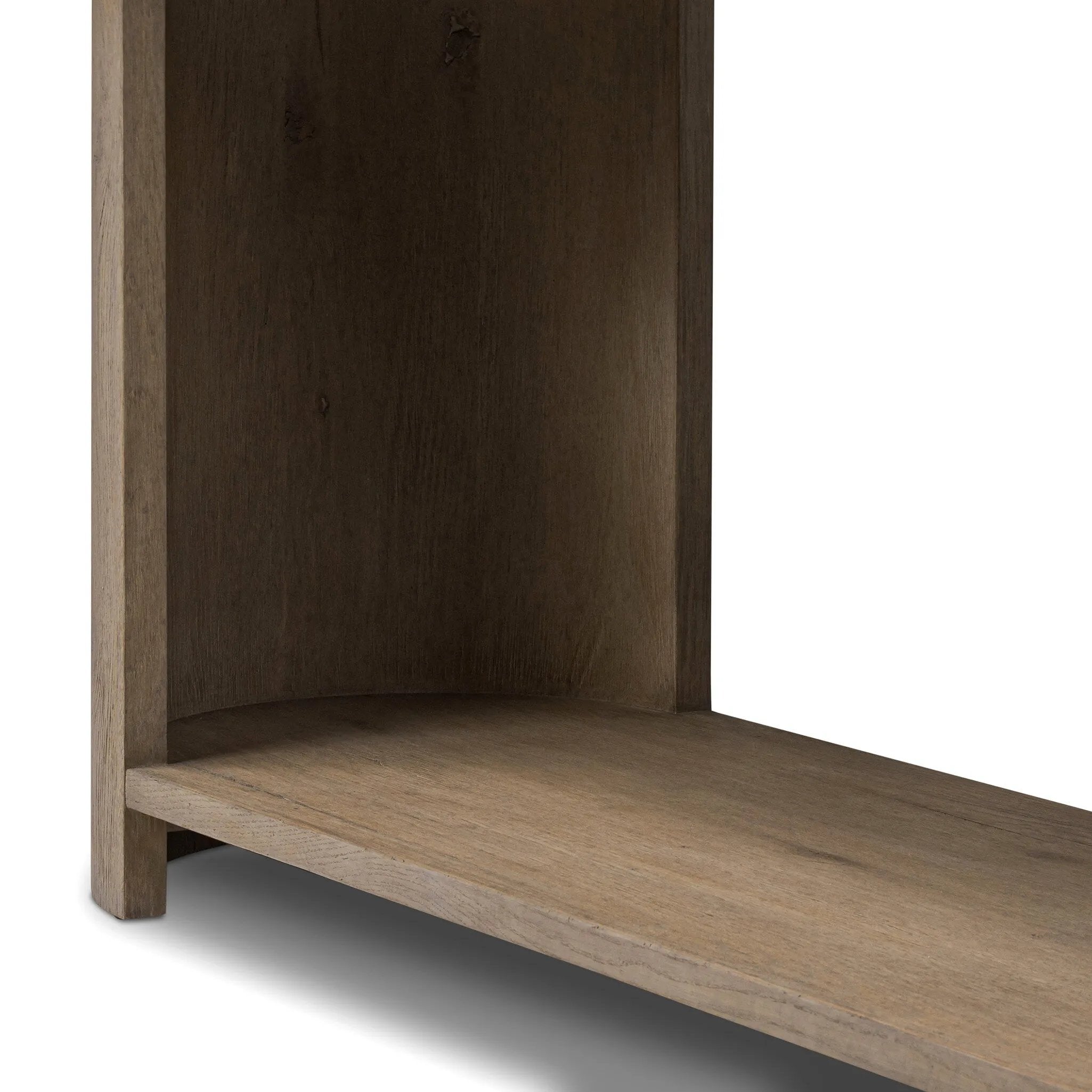 Featuring Farrow Drifted Oak Veneer Console Table by Four Hands at Amethyst Home. A simple pill-shaped console table, refreshed with intriguing design details. Made from warm, light-finished oak, open lower shelving creates endless storage and styling options for your living or media room. Three drawers bring even more storage, while bullnose and relief det. Amethyst Home provides interior design, new home construction design consulting, vintage area rugs, and lighting in the San Diego metro area.