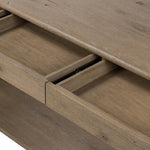 Featuring Farrow Drifted Oak Veneer Console Table by Four Hands at Amethyst Home. A simple pill-shaped console table, refreshed with intriguing design details. Made from warm, light-finished oak, open lower shelving creates endless storage and styling options for your living or media room. Three drawers bring even more storage, while bullnose and relief de. Amethyst Home provides interior design, new home construction design consulting, vintage area rugs, and lighting in the Scottsdale metro area.