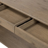 Featuring Farrow Drifted Oak Veneer Console Table by Four Hands at Amethyst Home. A simple pill-shaped console table, refreshed with intriguing design details. Made from warm, light-finished oak, open lower shelving creates endless storage and styling options for your living or media room. Three drawers bring even more storage, while bullnose and relief de. Amethyst Home provides interior design, new home construction design consulting, vintage area rugs, and lighting in the Scottsdale metro area.