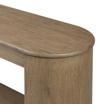 Featuring Farrow Drifted Oak Veneer Console Table by Four Hands at Amethyst Home. A simple pill-shaped console table, refreshed with intriguing design details. Made from warm, light-finished oak, open lower shelving creates endless storage and styling options for your living or media room. Three drawers bring even more storage, while bullnose and relief detaili. Amethyst Home provides interior design, new home construction design consulting, vintage area rugs, and lighting in the Tampa metro area.