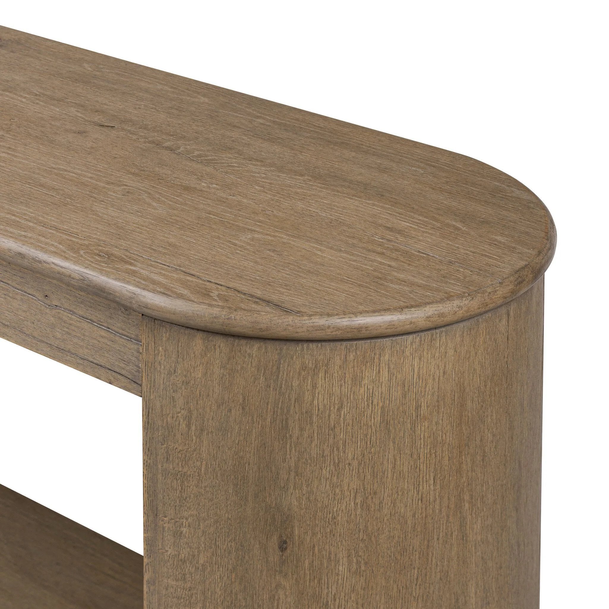 Featuring Farrow Drifted Oak Veneer Console Table by Four Hands at Amethyst Home. A simple pill-shaped console table, refreshed with intriguing design details. Made from warm, light-finished oak, open lower shelving creates endless storage and styling options for your living or media room. Three drawers bring even more storage, while bullnose and relief detaili. Amethyst Home provides interior design, new home construction design consulting, vintage area rugs, and lighting in the Tampa metro area.