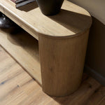 Featuring Farrow Drifted Oak Veneer Console Table by Four Hands at Amethyst Home. A simple pill-shaped console table, refreshed with intriguing design details. Made from warm, light-finished oak, open lower shelving creates endless storage and styling options for your living or media room. Three drawers bring even more storage, while bullnose and relief. Amethyst Home provides interior design, new home construction design consulting, vintage area rugs, and lighting in the Winter Garden metro area.