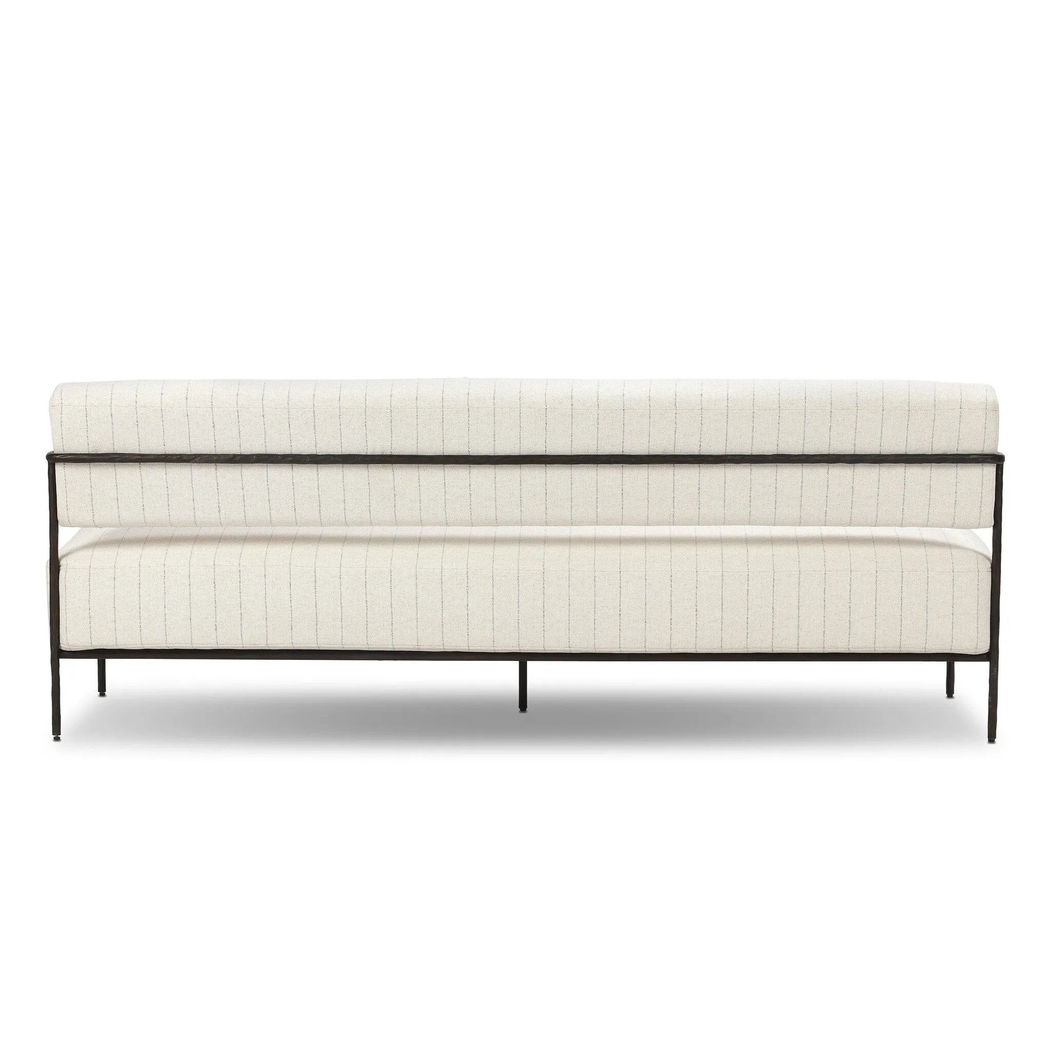 A slim take on a timeless silhouette. Hammered iron frames a squared seat and bolster back upholstered in striped, neutral fabric. Cover or store inside during inclement weather and when not in use.As enthusiasts of modern design at Amethyst, we love the nature inspired Fenn Outdoor Sofa-78" - Amalfi Natural. Amethyst Home provides interior design, new home construction design consulting, vintage area rugs, and lighting in the Charlotte metro area.
