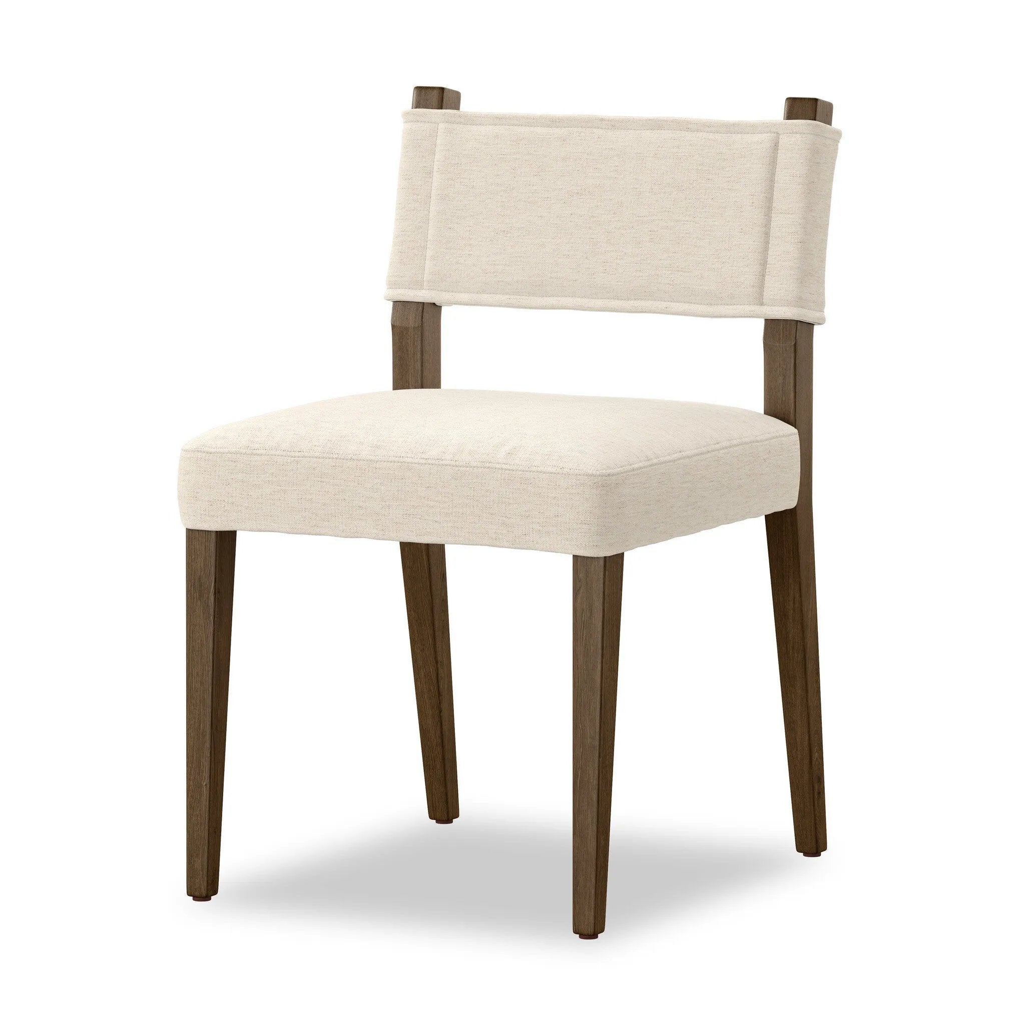 Mixed materials at their finest. Brown parawood forms a slight, simple frame for squared seating of neutral performance-grade upholstery. Charcoal top-grain leather backing takes this modern-minded dining chair to the next level Amethyst Home provides interior design, new home construction design consulting, vintage area rugs, and lighting in the Austin metro area.