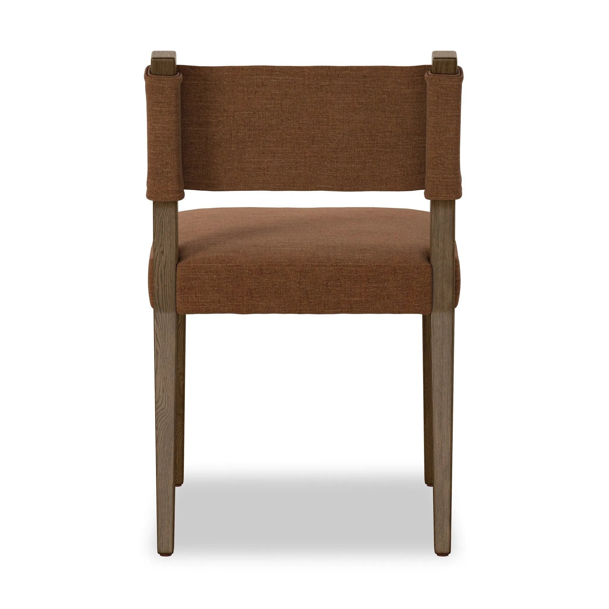 Mixed materials at their finest. Brown parawood forms a slight, simple frame for squared seating of neutral performance-grade upholstery. Charcoal top-grain leather backing takes this modern-minded dining chair to the next level Amethyst Home provides interior design, new home construction design consulting, vintage area rugs, and lighting in the Nashville metro area.