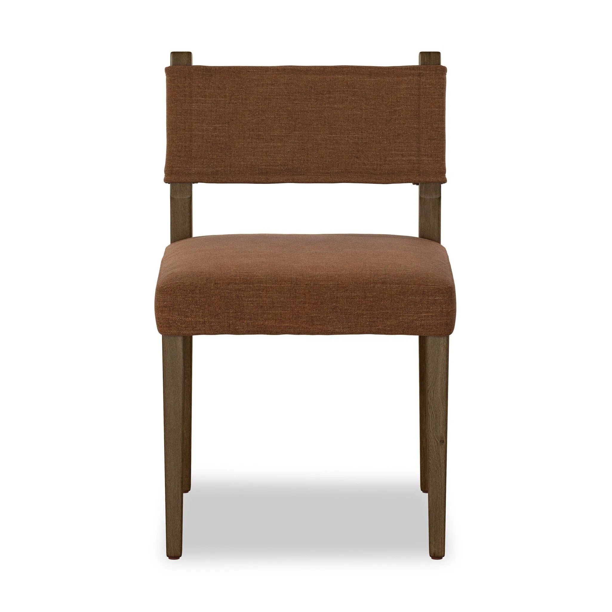 Mixed materials at their finest. Brown parawood forms a slight, simple frame for squared seating of neutral performance-grade upholstery. Charcoal top-grain leather backing takes this modern-minded dining chair to the next level Amethyst Home provides interior design, new home construction design consulting, vintage area rugs, and lighting in the Omaha metro area.