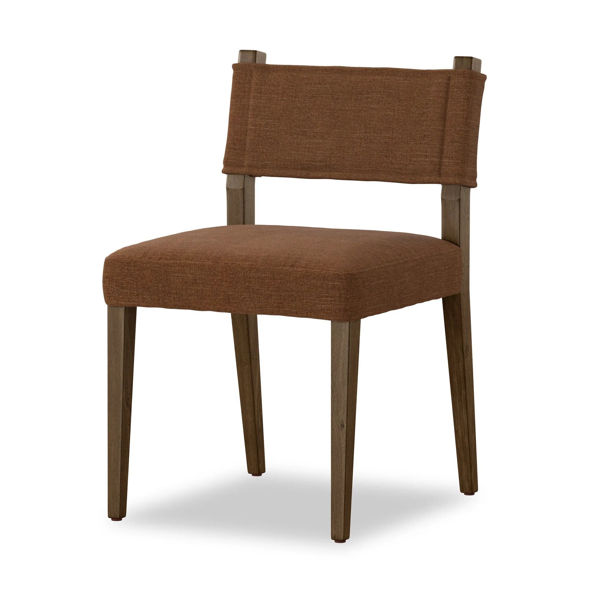 Mixed materials at their finest. Brown parawood forms a slight, simple frame for squared seating of neutral performance-grade upholstery. Charcoal top-grain leather backing takes this modern-minded dining chair to the next level Amethyst Home provides interior design, new home construction design consulting, vintage area rugs, and lighting in the Seattle metro area.