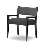 Mixed materials at their finest. Black parawood frames squared seating of high-performance fabric. A top-grain leather back readies this modern-minded armchair for the head of the table. Performance fabrics are specially created to withstand spills, stains, high traffic and wear, ensuring long-term comfort and unmatched durability Amethyst Home provides interior design, new home construction design consulting, vintage area rugs, and lighting in the Los Angeles metro area.