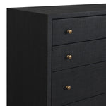 Featuring Fiona Black Raffia Tall Dresser by Four Hands at Amethyst Home. A woven black raffia dresser offers a texture-driven take on bedroom storage. Antique brass-finished hardware adds a touch of vintage detailing, all grounded by a solid mahogany base. Overall Dimensions: 34.00"w x 19.00"d x 47.50"h. Amethyst Home provides interior design, new home construction design consulting, vintage area rugs, and lighting in the Charlotte metro area.