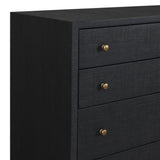 Featuring Fiona Black Raffia Tall Dresser by Four Hands at Amethyst Home. A woven black raffia dresser offers a texture-driven take on bedroom storage. Antique brass-finished hardware adds a touch of vintage detailing, all grounded by a solid mahogany base. Overall Dimensions: 34.00"w x 19.00"d x 47.50"h. Amethyst Home provides interior design, new home construction design consulting, vintage area rugs, and lighting in the Charlotte metro area.