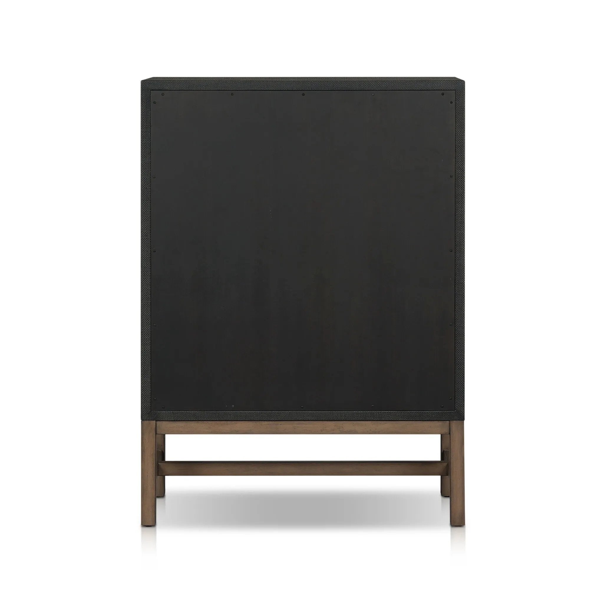 Featuring Fiona Black Raffia Tall Dresser by Four Hands at Amethyst Home. A woven black raffia dresser offers a texture-driven take on bedroom storage. Antique brass-finished hardware adds a touch of vintage detailing, all grounded by a solid mahogany base. Overall Dimensions: 34.00"w x 19.00"d x 47.50"h. Amethyst Home provides interior design, new home construction design consulting, vintage area rugs, and lighting in the Newport Beach metro area.