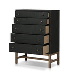 Featuring Fiona Black Raffia Tall Dresser by Four Hands at Amethyst Home. A woven black raffia dresser offers a texture-driven take on bedroom storage. Antique brass-finished hardware adds a touch of vintage detailing, all grounded by a solid mahogany base. Overall Dimensions: 34.00"w x 19.00"d x 47.50"h. Amethyst Home provides interior design, new home construction design consulting, vintage area rugs, and lighting in the Scottsdale metro area.