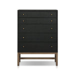 Featuring Fiona Black Raffia Tall Dresser by Four Hands at Amethyst Home. A woven black raffia dresser offers a texture-driven take on bedroom storage. Antique brass-finished hardware adds a touch of vintage detailing, all grounded by a solid mahogany base. Overall Dimensions: 34.00"w x 19.00"d x 47.50"h. Amethyst Home provides interior design, new home construction design consulting, vintage area rugs, and lighting in the Washington metro area.