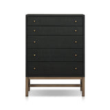 Featuring Fiona Black Raffia Tall Dresser by Four Hands at Amethyst Home. A woven black raffia dresser offers a texture-driven take on bedroom storage. Antique brass-finished hardware adds a touch of vintage detailing, all grounded by a solid mahogany base. Overall Dimensions: 34.00"w x 19.00"d x 47.50"h. Amethyst Home provides interior design, new home construction design consulting, vintage area rugs, and lighting in the Washington metro area.