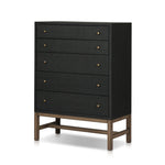 Featuring Fiona Black Raffia Tall Dresser by Four Hands at Amethyst Home. A woven black raffia dresser offers a texture-driven take on bedroom storage. Antique brass-finished hardware adds a touch of vintage detailing, all grounded by a solid mahogany base. Overall Dimensions: 34.00"w x 19.00"d x 47.50"h. Amethyst Home provides interior design, new home construction design consulting, vintage area rugs, and lighting in the Winter Garden metro area.