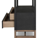 Woven black raffia drawers offer closed storage and a texture-driven take on book shelving. Antique brass-finished hardware adds a touch of vintage detailing, all framed within solid mahogany Amethyst Home provides interior design, new home construction design consulting, vintage area rugs, and lighting in the Scottsdale metro area.