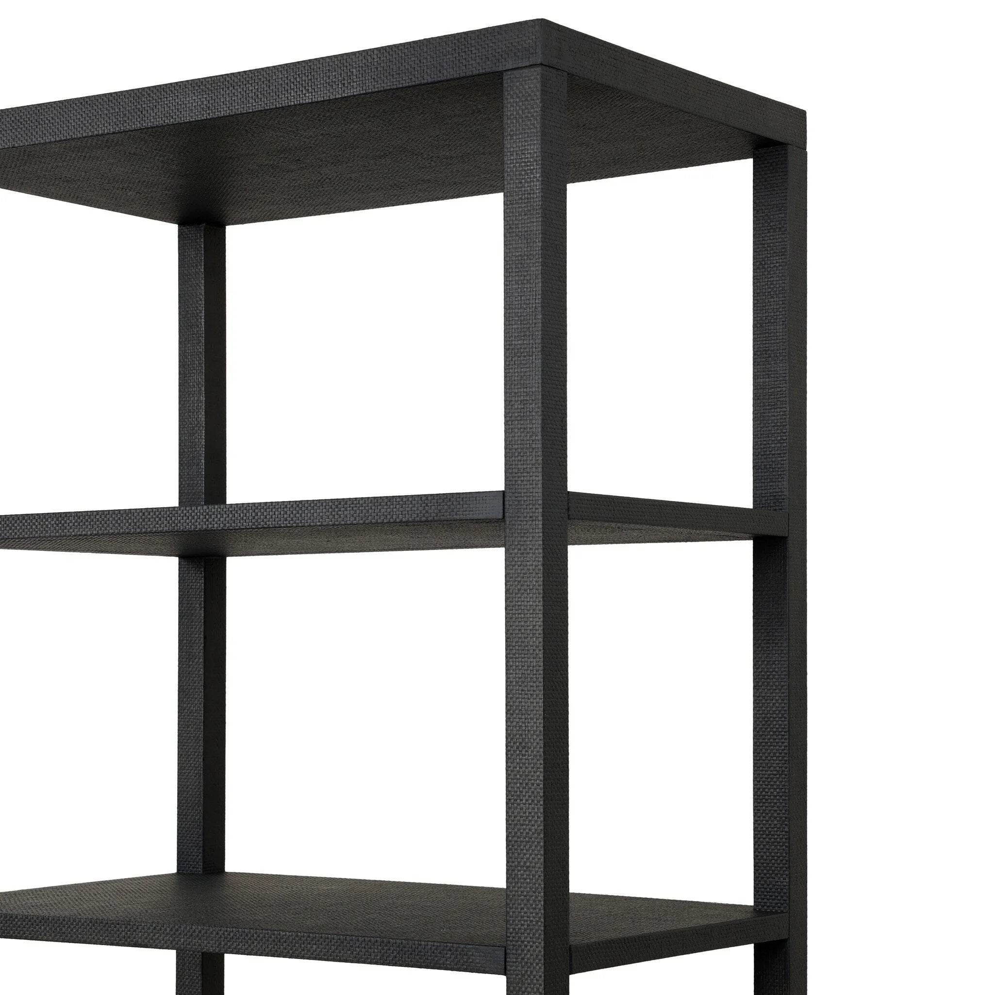 Woven black raffia drawers offer closed storage and a texture-driven take on book shelving. Antique brass-finished hardware adds a touch of vintage detailing, all framed within solid mahogany Amethyst Home provides interior design, new home construction design consulting, vintage area rugs, and lighting in the Tampa metro area.