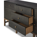 Featuring Fiona Russet Mahogany Sideboard by Four Hands at Amethyst Home. Woven black raffia places a texture-driven twist on sideboard storage. Five roomy drawers and two cabinets feature simple hardware finished in an antique brass, all supported by an open, airy base of solid mahogany.Overall Dimensions: 78.00"w x 18.00"d x 34.50"hWeight : 197.75 lbsMateria. Amethyst Home provides interior design, new home construction design consulting, vintage area rugs, and lighting in the Boston metro area.