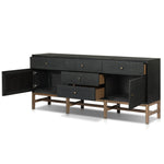 Featuring Fiona Russet Mahogany Sideboard by Four Hands at Amethyst Home. Woven black raffia places a texture-driven twist on sideboard storage. Five roomy drawers and two cabinets feature simple hardware finished in an antique brass, all supported by an open, airy base of solid mahogany.Overall Dimensions: 78.00"w x 18.00"d x 34.50"hWeight : 197.75 lbsMaterial. Amethyst Home provides interior design, new home construction design consulting, vintage area rugs, and lighting in the Miami metro area.