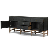 Featuring Fiona Russet Mahogany Sideboard by Four Hands at Amethyst Home. Woven black raffia places a texture-driven twist on sideboard storage. Five roomy drawers and two cabinets feature simple hardware finished in an antique brass, all supported by an open, airy base of solid mahogany.Overall Dimensions: 78.00"w x 18.00"d x 34.50"hWeight : 197.75 lbsMaterial. Amethyst Home provides interior design, new home construction design consulting, vintage area rugs, and lighting in the Miami metro area.