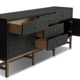 Featuring Fiona Russet Mahogany Sideboard by Four Hands at Amethyst Home. Woven black raffia places a texture-driven twist on sideboard storage. Five roomy drawers and two cabinets feature simple hardware finished in an antique brass, all supported by an open, airy base of solid mahogany.Overall Dimensions: 78.00"w x 18.00"d x 34.50"hWeight : 197.75 lbsMaterial. Amethyst Home provides interior design, new home construction design consulting, vintage area rugs, and lighting in the Omaha metro area.