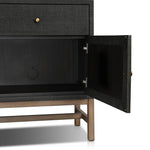 Featuring Fiona Russet Mahogany Sideboard by Four Hands at Amethyst Home. Woven black raffia places a texture-driven twist on sideboard storage. Five roomy drawers and two cabinets feature simple hardware finished in an antique brass, all supported by an open, airy base of solid mahogany.Overall Dimensions: 78.00"w x 18.00"d x 34.50"hWeight : 197.75 lbsMate. Amethyst Home provides interior design, new home construction design consulting, vintage area rugs, and lighting in the San Diego metro area.
