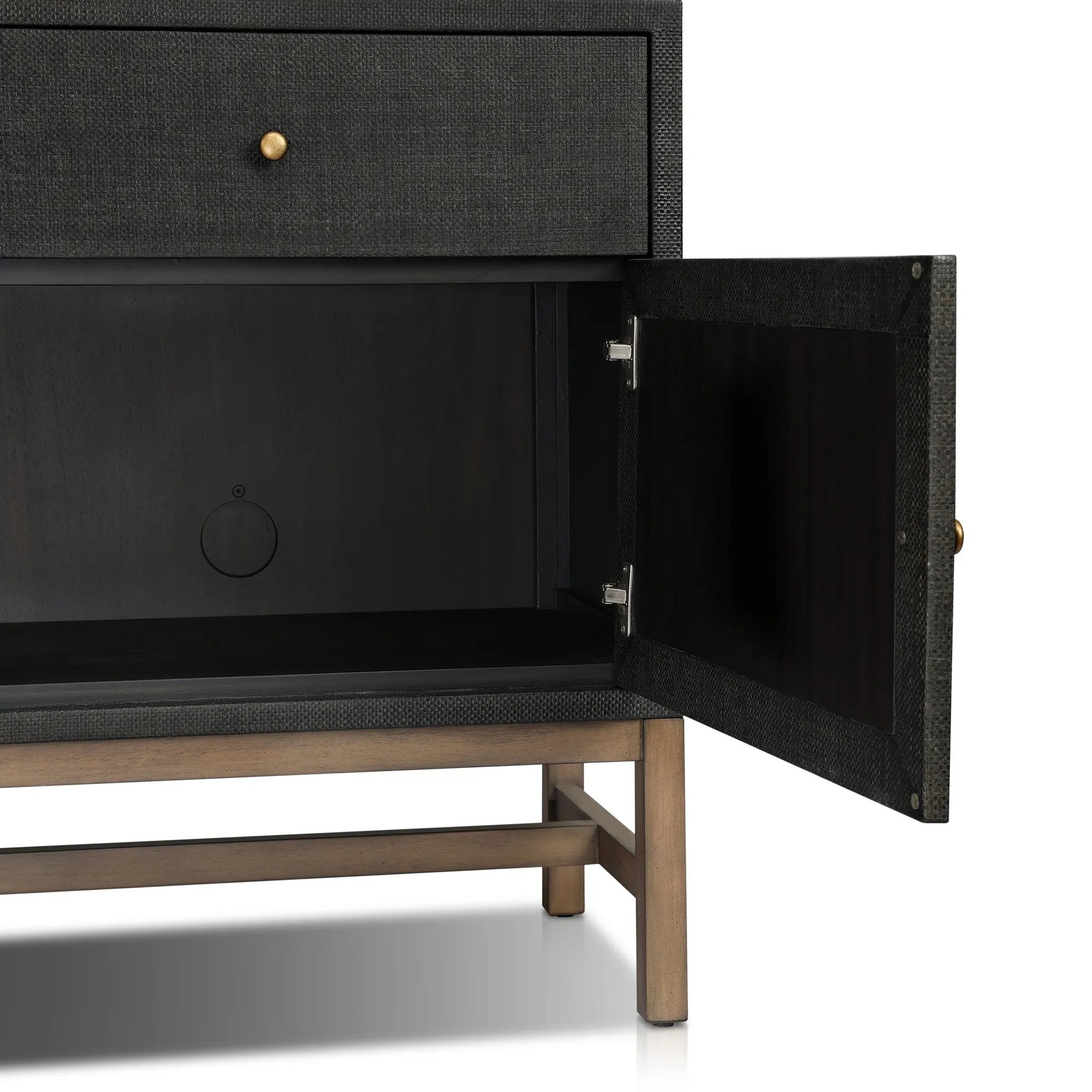 Featuring Fiona Russet Mahogany Sideboard by Four Hands at Amethyst Home. Woven black raffia places a texture-driven twist on sideboard storage. Five roomy drawers and two cabinets feature simple hardware finished in an antique brass, all supported by an open, airy base of solid mahogany.Overall Dimensions: 78.00"w x 18.00"d x 34.50"hWeight : 197.75 lbsMate. Amethyst Home provides interior design, new home construction design consulting, vintage area rugs, and lighting in the San Diego metro area.