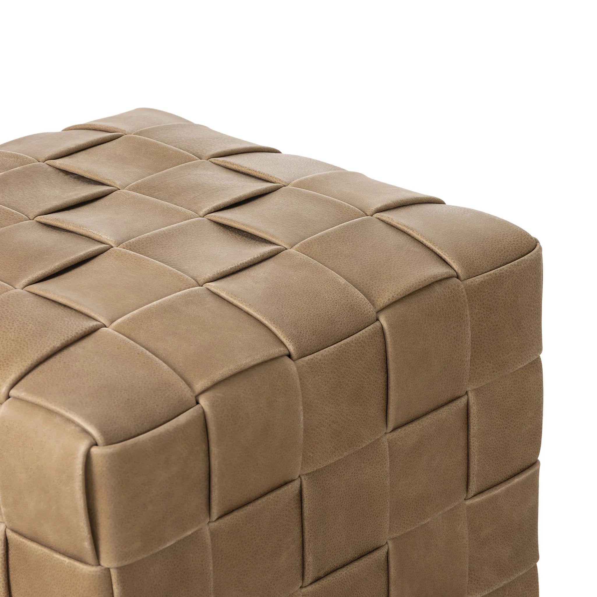 Featuring Flores Palermo Drift Ottoman by Four Hands at Amethyst Home. Soft, specialized top-grain leather is hand-woven, crafting a look of a treasured vintage find. Use as bonus seating or style with a tray for an extra surface.Overall Dimensions: 19.50"w x 19.50"d x 17.00"hWeight : 31.31 lbsMaterials: Top Grain Leather, Solid Oak, 100% Polyester. Amethyst Home provides interior design, new home construction design consulting, vintage area rugs, and lighting in the Austin metro area.