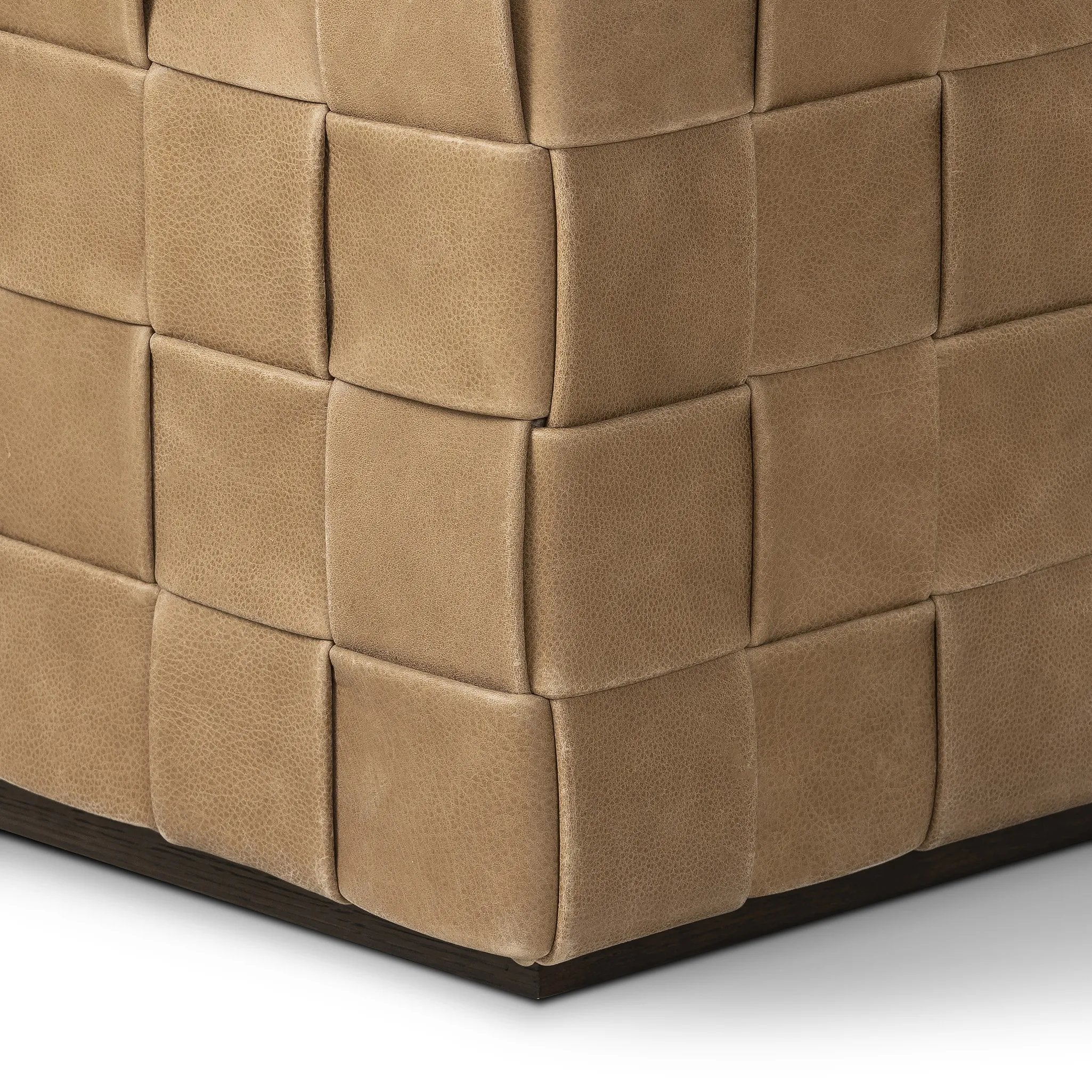 Featuring Flores Palermo Drift Ottoman by Four Hands at Amethyst Home. Soft, specialized top-grain leather is hand-woven, crafting a look of a treasured vintage find. Use as bonus seating or style with a tray for an extra surface.Overall Dimensions: 19.50"w x 19.50"d x 17.00"hWeight : 31.31 lbsMaterials: Top Grain Leather, Solid Oak, 100% Polyester. Amethyst Home provides interior design, new home construction design consulting, vintage area rugs, and lighting in the Kansas City metro area.