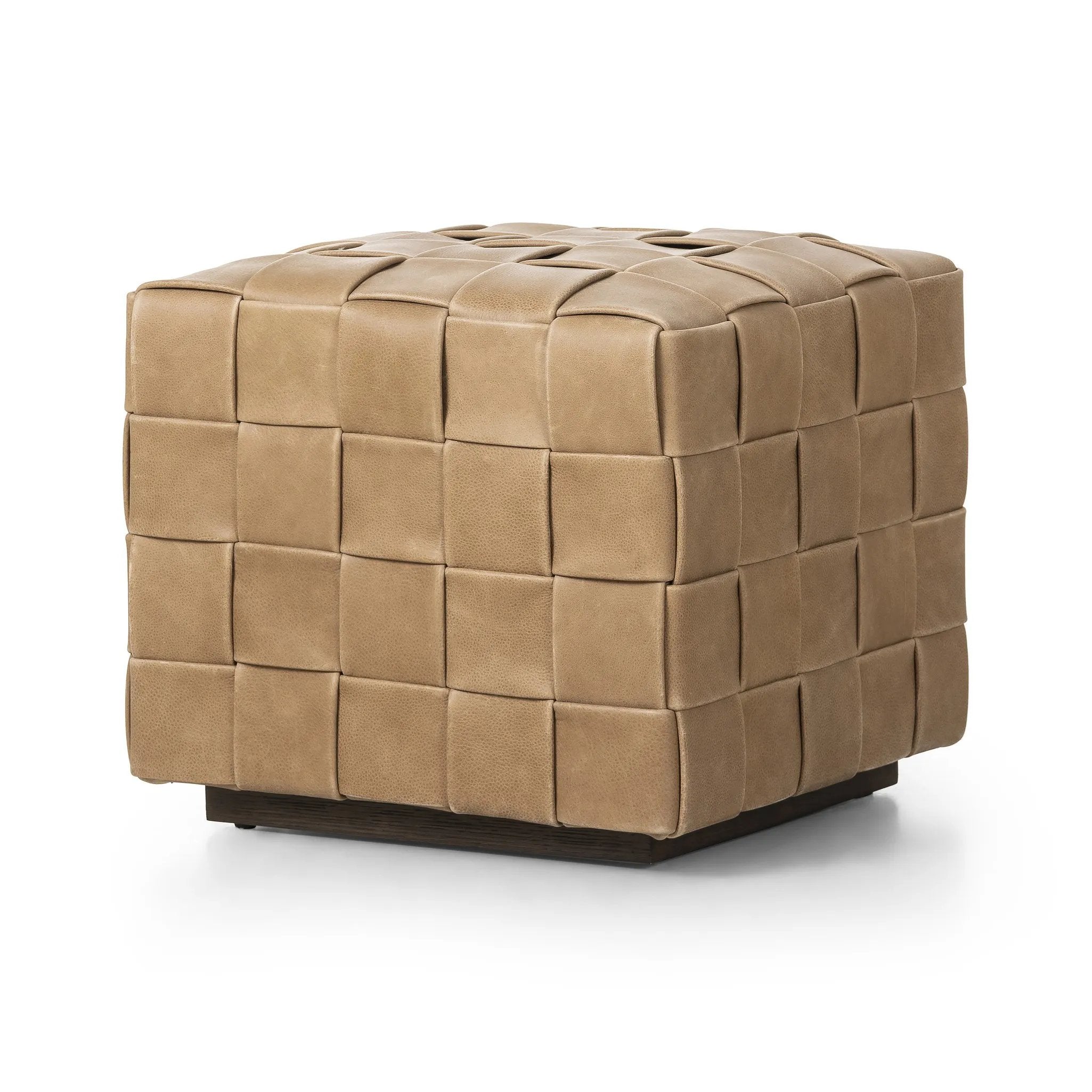 Featuring Flores Palermo Drift Ottoman by Four Hands at Amethyst Home. Soft, specialized top-grain leather is hand-woven, crafting a look of a treasured vintage find. Use as bonus seating or style with a tray for an extra surface.Overall Dimensions: 19.50"w x 19.50"d x 17.00"hWeight : 31.31 lbsMaterials: Top Grain Leather, Solid Oak, 100% Polyester. Amethyst Home provides interior design, new home construction design consulting, vintage area rugs, and lighting in the Portland metro area.