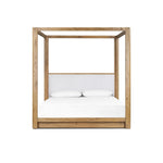 Minimalist and modern, this platform-style canopy bed is framed to a low profile and softened with an upholstered headboard. The character-rich oak's rounded corners and light brown finish add to the bed's fresh appeal Amethyst Home provides interior design, new home construction design consulting, vintage area rugs, and lighting in the Charlotte metro area.