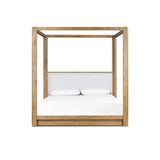 Minimalist and modern, this platform-style canopy bed is framed to a low profile and softened with an upholstered headboard. The character-rich oak's rounded corners and light brown finish add to the bed's fresh appeal Amethyst Home provides interior design, new home construction design consulting, vintage area rugs, and lighting in the Charlotte metro area.