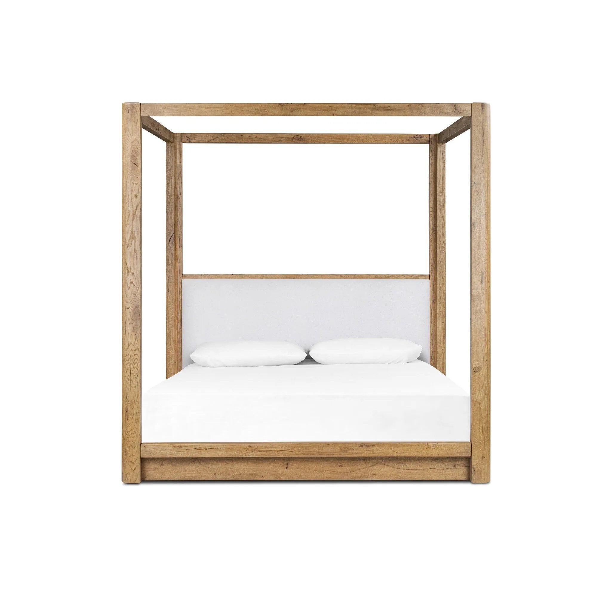 Minimalist and modern, this platform-style canopy bed is framed to a low profile and softened with an upholstered headboard. The character-rich oak's rounded corners and light brown finish add to the bed's fresh appeal Amethyst Home provides interior design, new home construction design consulting, vintage area rugs, and lighting in the Charlotte metro area.