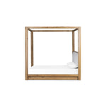 Minimalist and modern, this platform-style canopy bed is framed to a low profile and softened with an upholstered headboard. The character-rich oak's rounded corners and light brown finish add to the bed's fresh appeal Amethyst Home provides interior design, new home construction design consulting, vintage area rugs, and lighting in the Houston metro area.