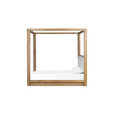 Minimalist and modern, this platform-style canopy bed is framed to a low profile and softened with an upholstered headboard. The character-rich oak's rounded corners and light brown finish add to the bed's fresh appeal Amethyst Home provides interior design, new home construction design consulting, vintage area rugs, and lighting in the Houston metro area.