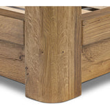Minimalist and modern, this platform-style canopy bed is framed to a low profile and softened with an upholstered headboard. The character-rich oak's rounded corners and light brown finish add to the bed's fresh appeal Amethyst Home provides interior design, new home construction design consulting, vintage area rugs, and lighting in the Los Angeles metro area.