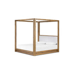 Minimalist and modern, this platform-style canopy bed is framed to a low profile and softened with an upholstered headboard. The character-rich oak's rounded corners and light brown finish add to the bed's fresh appeal Amethyst Home provides interior design, new home construction design consulting, vintage area rugs, and lighting in the Miami metro area.