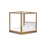 Minimalist and modern, this platform-style canopy bed is framed to a low profile and softened with an upholstered headboard. The character-rich oak's rounded corners and light brown finish add to the bed's fresh appeal Amethyst Home provides interior design, new home construction design consulting, vintage area rugs, and lighting in the Miami metro area.