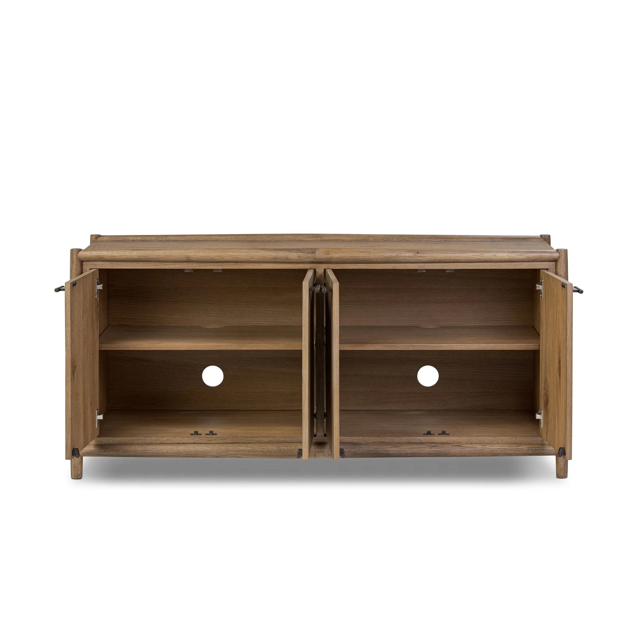 The traditional spindle structure brought to modern speed. Made from weathered oak, the sideboard brings generous storage space to dining and entertaining, working into a range of spaces and collections with ease. Simple cylindrical hardware is finished in an aged bronze Amethyst Home provides interior design, new home construction design consulting, vintage area rugs, and lighting in the Charlotte metro area.