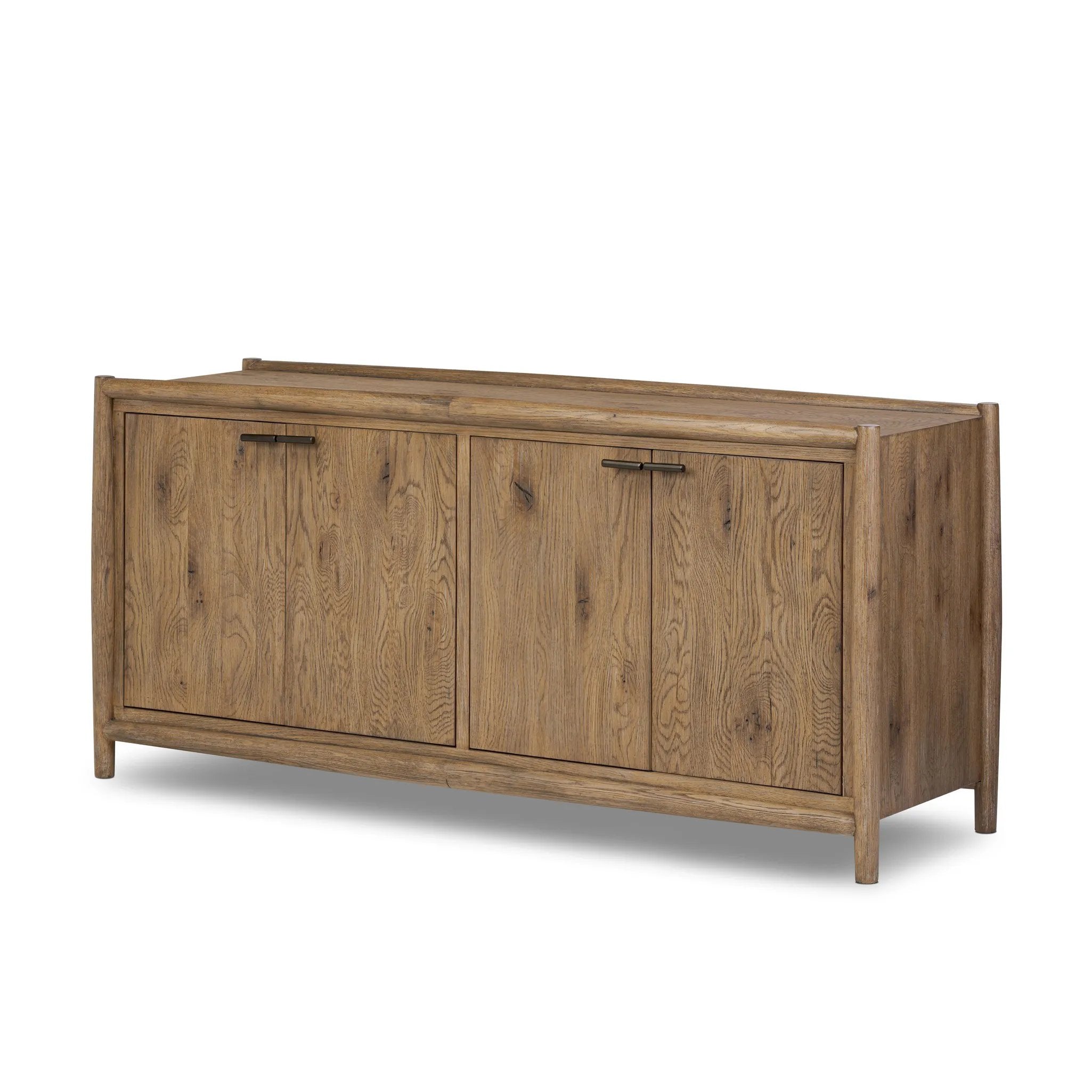 The traditional spindle structure brought to modern speed. Made from weathered oak, the sideboard brings generous storage space to dining and entertaining, working into a range of spaces and collections with ease. Simple cylindrical hardware is finished in an aged bronze Amethyst Home provides interior design, new home construction design consulting, vintage area rugs, and lighting in the Washington metro area.