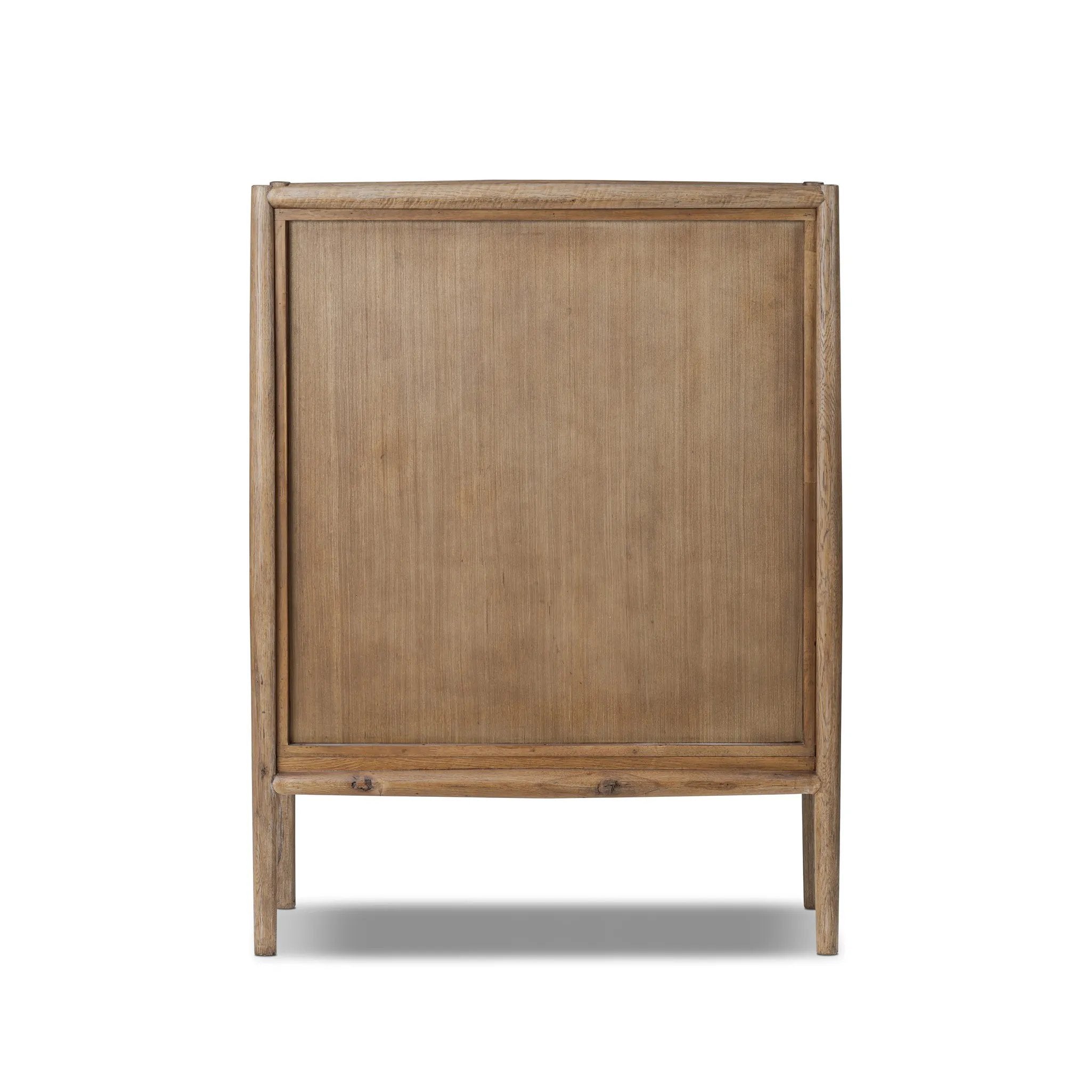 A rustic oak bar cabinet shapes subtly curved corners, bringing a handcrafted look to a minimalist form. Fixed center shelves, functional drawers and glass fronts for open display. Simple hardware is finished in an aged bronze Amethyst Home provides interior design, new home construction design consulting, vintage area rugs, and lighting in the Boston metro area.